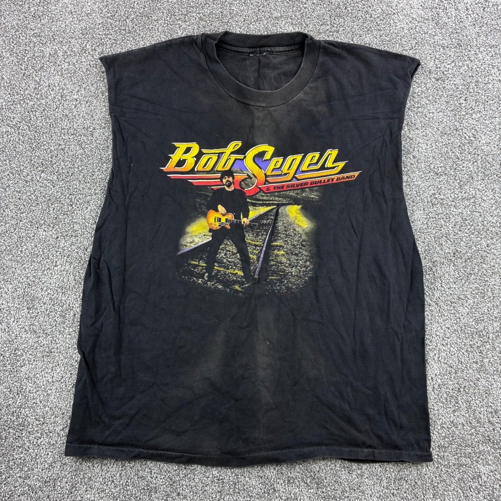 Vintage Bob Seger Shirt Mens L Black Cotton Rock Band Tour Cut Muscle Tee